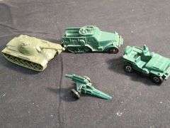 2 Vintage rubber trucks, canon and plastic tank