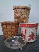 2 small baskets, gingerbread bucket, and glass divided dish. 3b