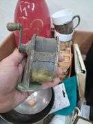 Box lot: small shadow box, basket, vase, metal bowls, and more. 11b