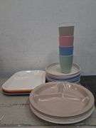 Anchor hocking divided plates, Rubbermaid trays, and wheatstraw plates and cups. 7e