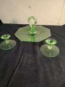 Vaseline tidbit tray and a pair of candle holders