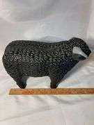 FOLK ART CHALKWARE BLACK ANGUS PAINTED PLASTER BULL BANK PRIMITIVE 1940S