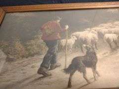 Antique " Shepherd driving his Flock " oil painting Belgian artist Henri Berel 11 x 21 1/2