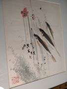 2 Japanese silk paintings of fish 14 1/2 x  15 1/2 & 17 1/2 x 15