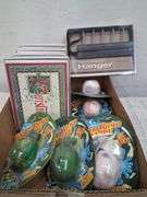 Nib water bomb grenades, christmas cards, button covers, and travel hanger. 3c