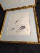 2 Japanese silk paintings of fish 14 1/2 x  15 1/2 & 17 1/2 x 15