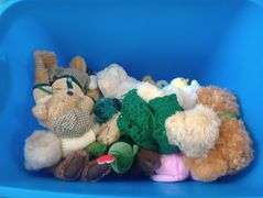Sterilite 18gal tote with stuffed animals and TY Beanie babies