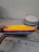 Anchor hocking divided plates, Rubbermaid trays, and wheatstraw plates and cups. 7e