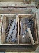 Wooden tool trunk with contents