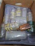 Box lot: Mason jars, vintage bottles, and glassware. 11b