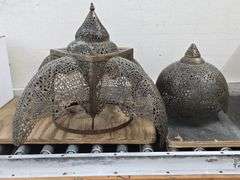 Two Middle Eastern Pierced Brass Lamp Shades. 6E