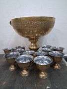 Etched Brass bowl with ladle and 12 cups. 2a