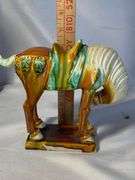 Vintage Chinese Art Pottery 'Tang' Horse Figurine, Sculpture , Green Yellow Streaked Glaze