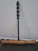 Antique oak handle barn auger, cast iron piece, and wood piece. 3d