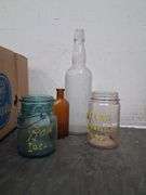 Box lot: Mason jars, vintage bottles, and glassware. 11b