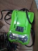 Box lot garage: greenworks 24v charger, tire iron, hand tools, and more. 1d