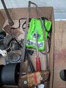 Box lot garage: greenworks 24v charger, tire iron, hand tools, and more. 1d