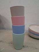 Anchor hocking divided plates, Rubbermaid trays, and wheatstraw plates and cups. 7e