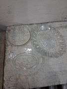 Clear glass cake stand and small tray/plate variety. 1c