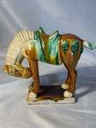 Vintage Chinese Art Pottery 'Tang' Horse Figurine, Sculpture , Green Yellow Streaked Glaze