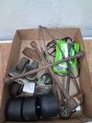 Box lot garage: greenworks 24v charger, tire iron, hand tools, and more. 1d