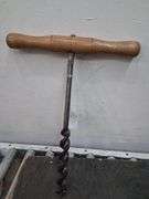 Antique oak handle barn auger, cast iron piece, and wood piece. 3d