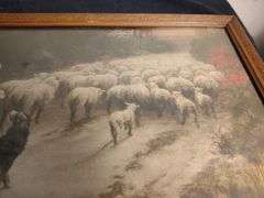 Antique " Shepherd driving his Flock " oil painting Belgian artist Henri Berel 11 x 21 1/2