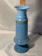 Vintage Bristol Blue Opaline Blown Glass Vase Hand Painted