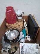 Box lot: small shadow box, basket, vase, metal bowls, and more. 11b