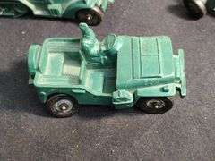 2 Vintage rubber trucks, canon and plastic tank