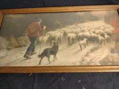 Antique " Shepherd driving his Flock " oil painting Belgian artist Henri Berel 11 x 21 1/2