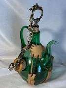Vintage Green Italian Hand Blown Glass Wine Decanter with Ice Chamber