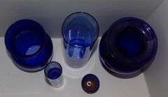 Cobalt Blue Glass Vases and Candle Cup (Hand Painted Vase by Laura of Williamston)