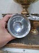 Etched Brass bowl with ladle and 12 cups. 2a