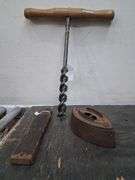 Antique oak handle barn auger, cast iron piece, and wood piece. 3d