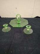 Vaseline tidbit tray and a pair of candle holders