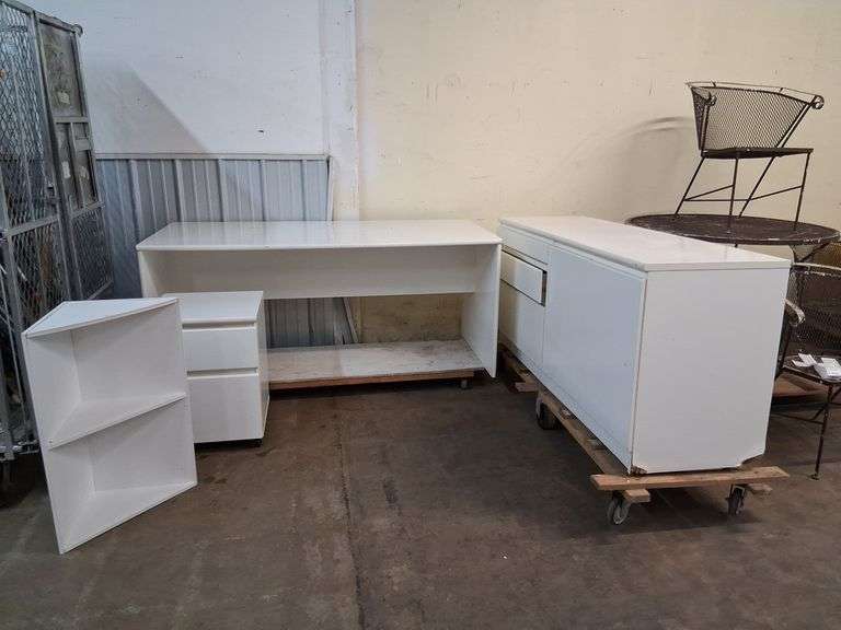 White desk, dresser, nightstand and corner shelf