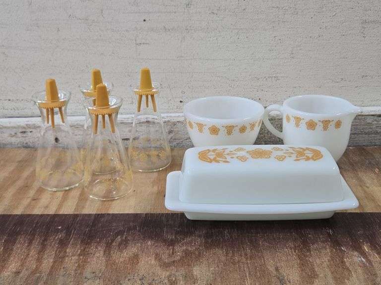 Vintage Butterfly Gold Cinderella Pyrex Butter Dish, Salt and Pepper Shakers & more. 5A