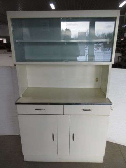 1950s Atomic Mid-Century Metal Kitchen Hutch Cabinet, White Metal with ...