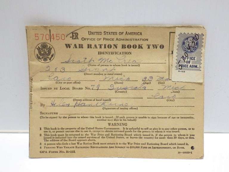 Red Stamps Ration WWII Ration book with red and blue stamps left - Albrecht Auction Service