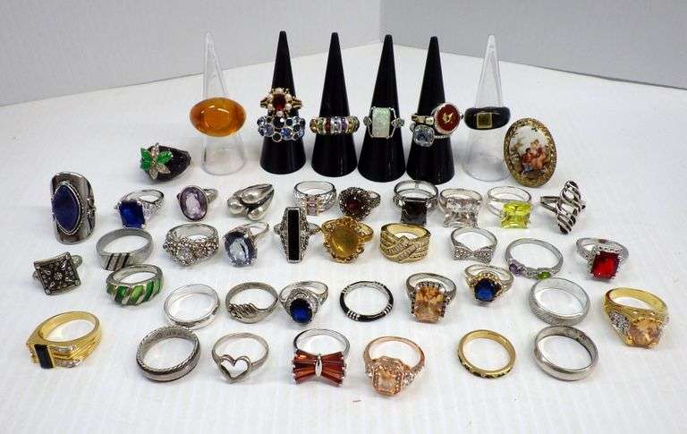 (46) Womens and mens rings, various colors and sizes, many very unique ...