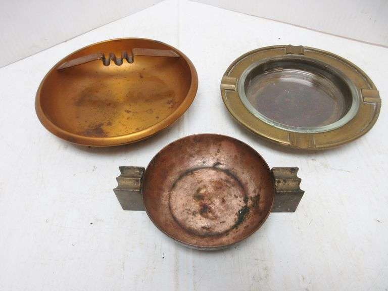 (3) Older Copper and Brass Ashtrays, Include 1 Chase Art Deco