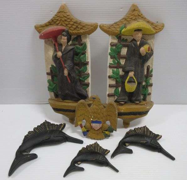 Vintage 1970s chalkware wall decorations, up to 13 1/4"H, need cleaning, show chips and wear