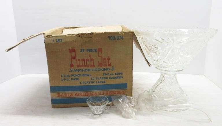27-Piece punch bowl set by Anchor Hocking, early American prescut, in