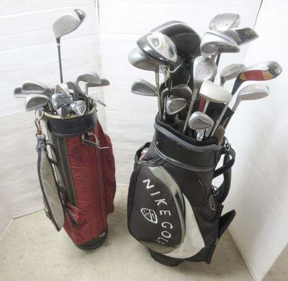 Golf clubs in (2) bags, Nike, Ping, and more, up to 35"H, various
