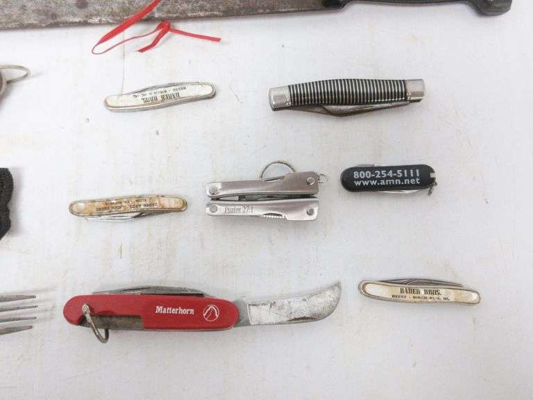 Klein electricians folding knife, Early Japan camp knife, keychain knife scissors, Bader Bros