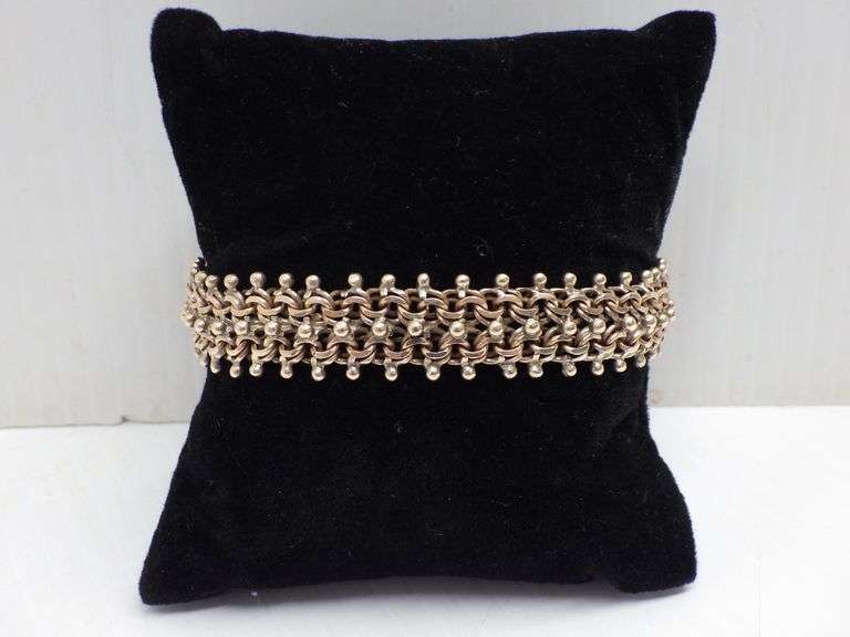 10K Heavy rose gold bracelet, circa 1930's to early 1940's, 30.0g, all handmade, 5/8"W with