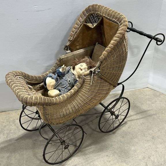 Antique doll carriage, approx. 38" x 38", woven wicker basket and ...