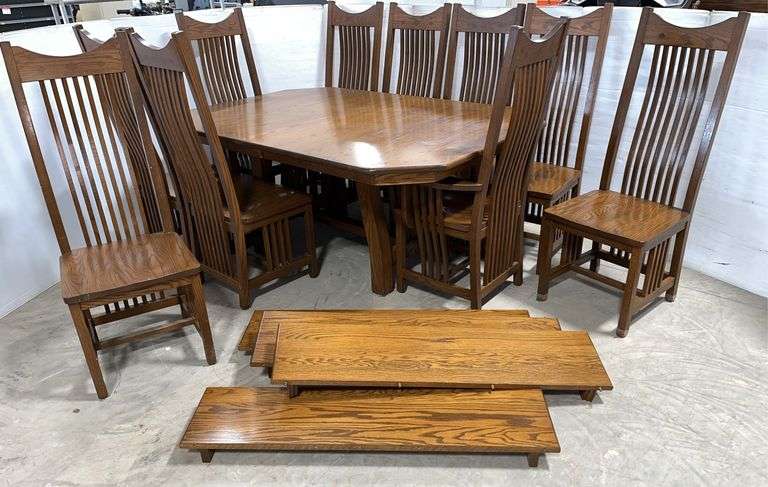 Amish-made mission style dining room set, includes: (10) Chairs, 2 of ...