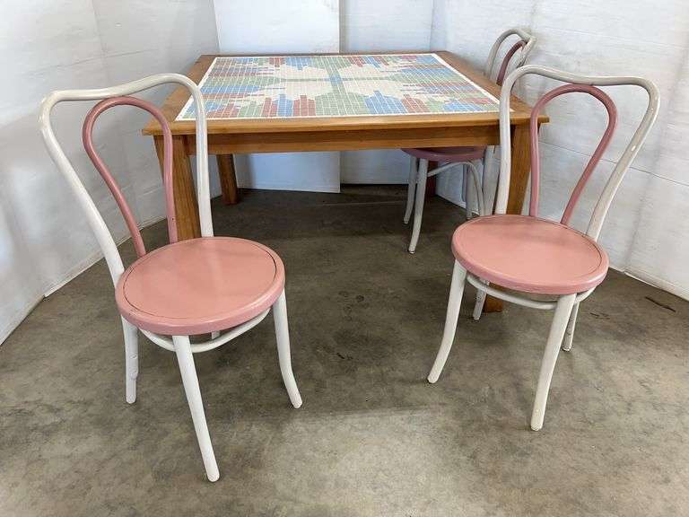 Wood framed table with decorative inlaid ceramic tile top, comes with (3) painted wood chairs, table- 46 1/2"W x 46 1/2"D x 29"H, nice